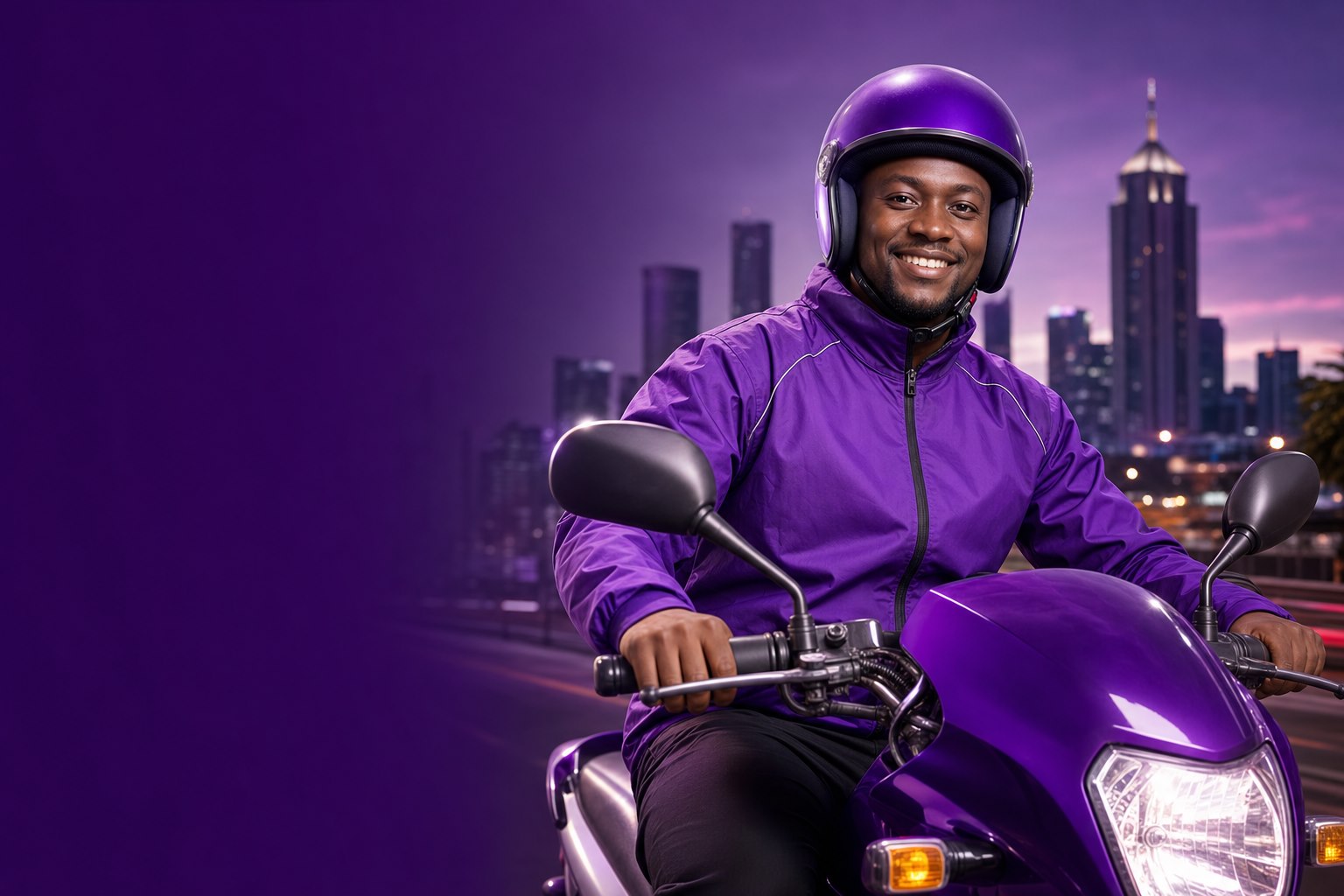 A Nairobi delivery rider in purple safety gear on a motorcycle